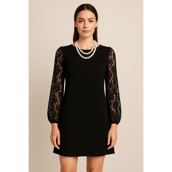 White House Black Market Women’s 12 Black Lace Sleeve Shift Cocktail Dress - Picture 1 of 12